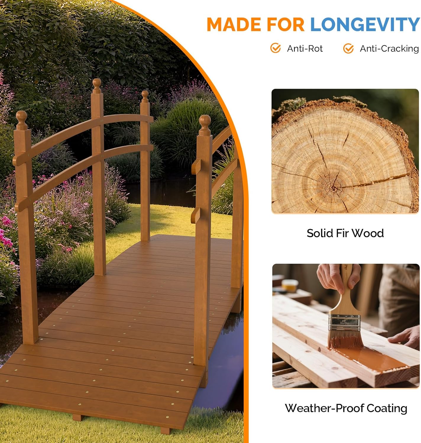 VINGLI Garden Bridge, Classic Wooden Arch with Safety Rails Footbridge (Brown, 7.5 ft)-VerdiqueGarden