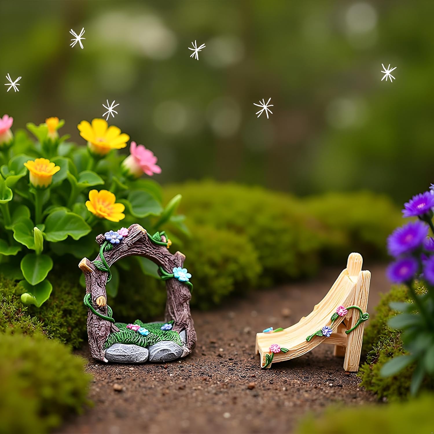 Kai Dream Miniature Fairy Garden Accessories Set, 3 Piece Resin Decorative Landscape Kit with Arch, Bridge and Slide, Floral Garden Ornaments-VerdiqueGarden