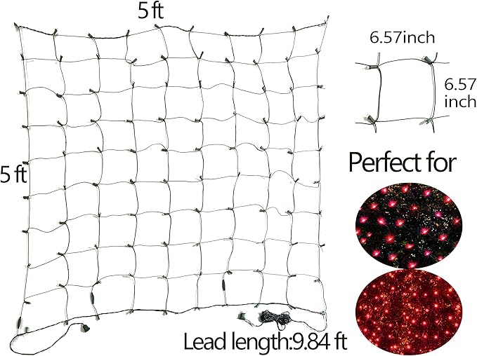 HISHINY LED Red Christmas Net Lights Outdoor,5ftx5ft 100LED Green Wire, Connectable Indoor Outdoor Bush Mesh Net Lights String for Halloween Christmas Party,Shrub,Yard,Tree（Red）-VerdiqueGarden