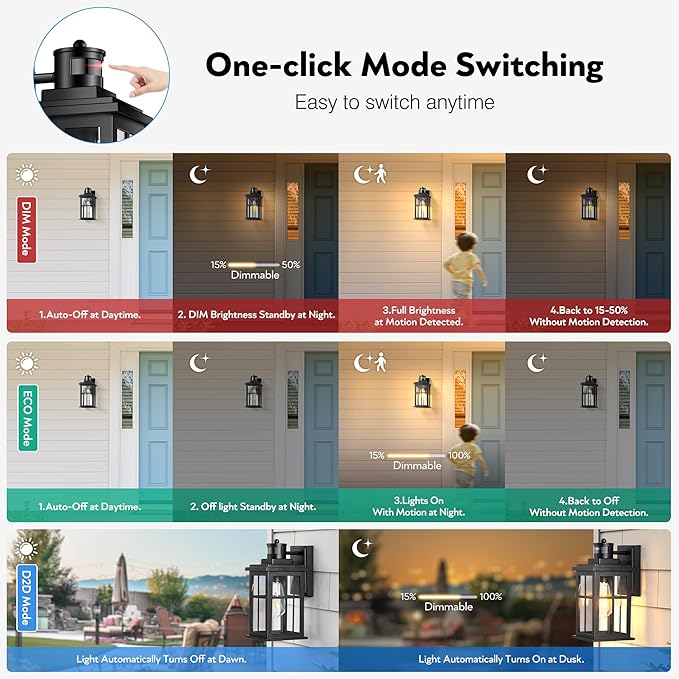 Motion Sensor Outdoor Light, Black Porch Light Dusk to Dawn, Waterproof Outdoor Motion Sensor Light, Anti-Rust Outside Lights for House, Garage, Doorway, Porch, 100% Aluminum-VerdiqueGarden