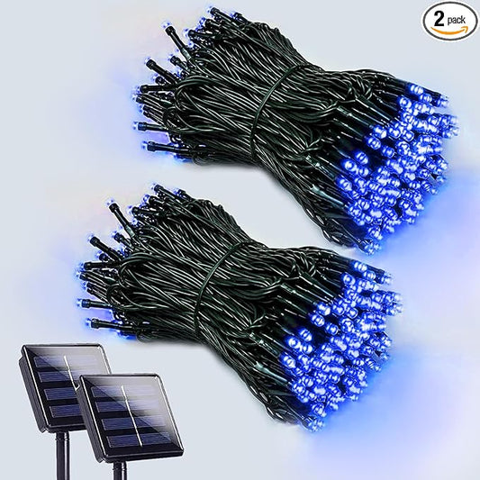 EEW 2-Pack 200 LED Solar String Lights Outdoor, Solar Christmas Lights with 8 Lighting Modes, Waterproof Green Wire Solar Tree Lights for Outside Xmas Wedding Party Garden Patio Decorations (Blue)-VerdiqueGarden