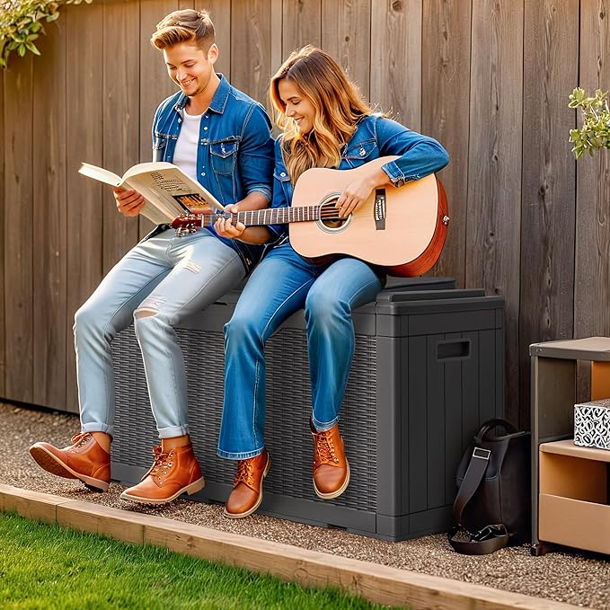 Greesum 100 Gallon Resin Deck Box Large Outdoor Storage with Cushions for Patio Furniture, Garden Tools, Pool Supplies, Weatherproof and UV Resistant, Lockable,Gray-VerdiqueGarden