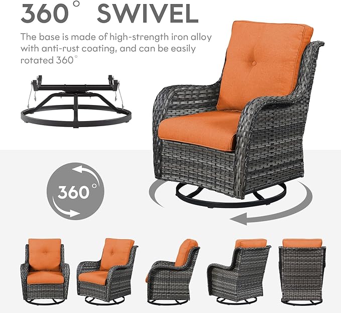 Outdoor Swivel Rocker Wicker Chairs Set of 3, High Back Swivel Patio Chairs Wicker Furniture Set, 2 PCS Rattan Swivel Rocking Chair with Side Table, Orange Cushion-VerdiqueGarden