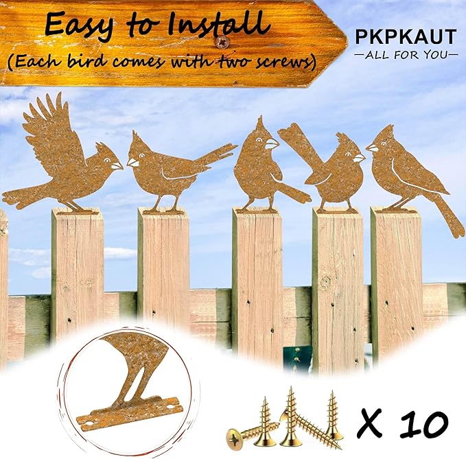 5Pcs Metal Birds Cardinal Craft Statue Ornaments Fence Topper Decor, Rusty Birds Metal Art for Fence Decorations Outdoor, Metal Bird Silhouette with Rusty Yard Art-VerdiqueGarden