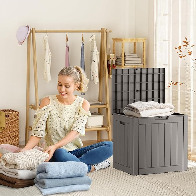 31 Gallon Resin Deck Box, Lockable Patio Outdoor Storage Box for Furniture, Garden Tools and Tools Storage, Waterproof Outside Storage Boxes - Grey-VerdiqueGarden