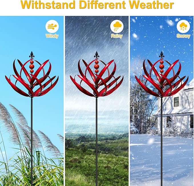 LimeHill Wind Spinner for Garden and Yard - Large Metal Kinetic Wind Sculptures for Outdoor Decor (91 Inches, Burgundy Lotus)-VerdiqueGarden
