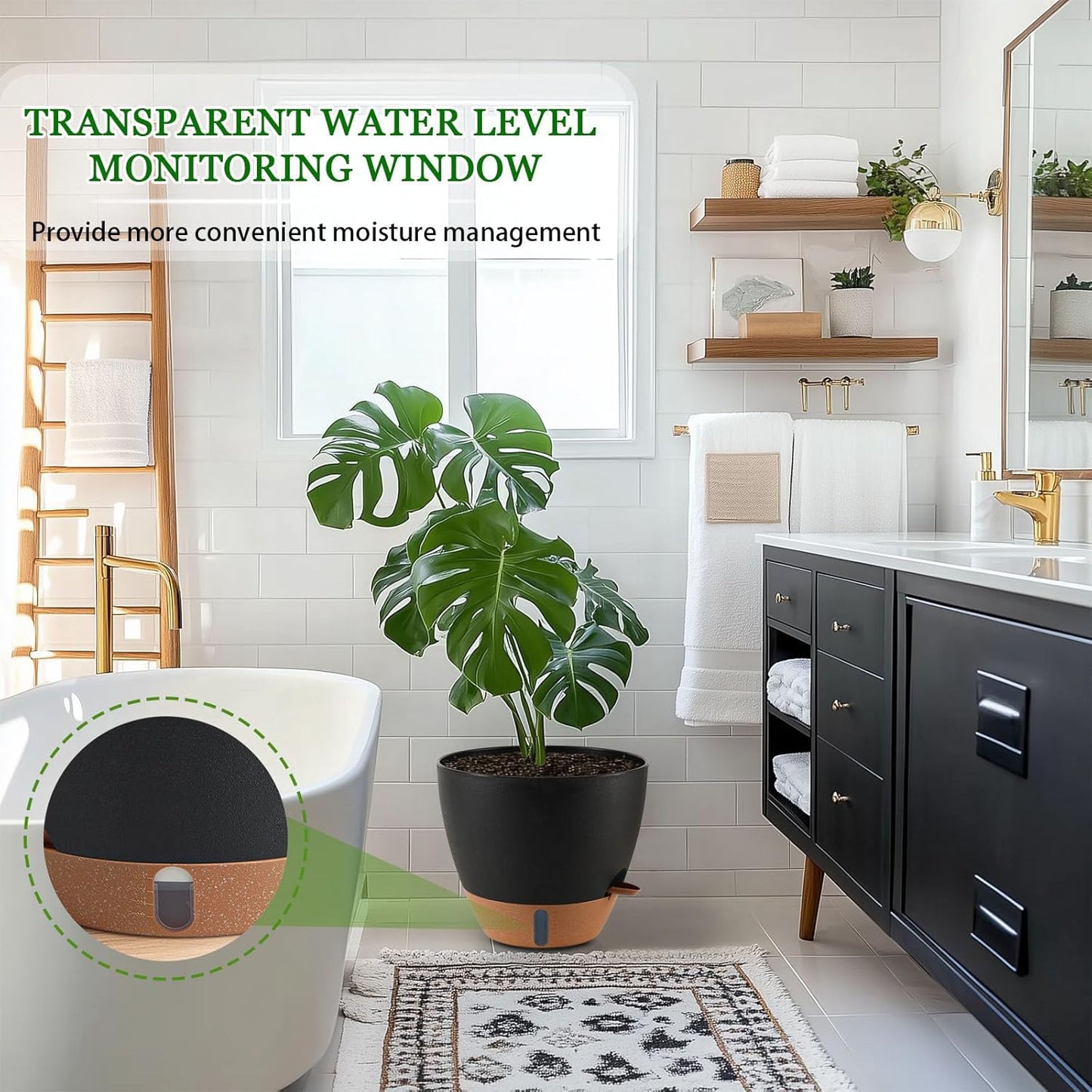 8/10/12 Inch Self Watering Pots for Indoor/Outdoor Plants - Large Plastic Planter with Drainage Holes, Water Level Indicator & Deep Reservoir, Modern Decorative Flower Pots (Black)-VerdiqueGarden