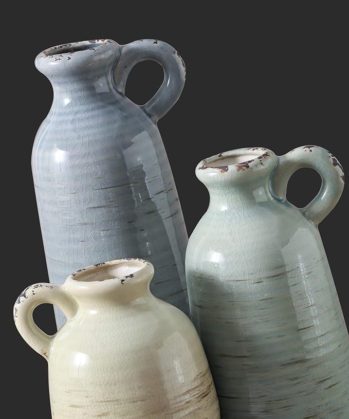 Ceramic Vase Set of 3 | Neutral Vase Home Decor with Handle | Pottery Modern Farmhouse Vases Pampas Grass Flower Vases for Home Decor Table Living Room Centerpieces Mantel Decor - Multicolor-VerdiqueGarden