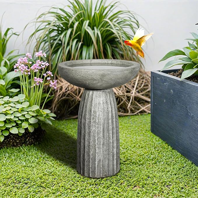 SunJet Modern Bird Bath, 24.4inches Height Fibre-Reinforced Concrete Birdbath with Textured Pedestal for Outdoor Garden, Yard, Lawn Decor-VerdiqueGarden