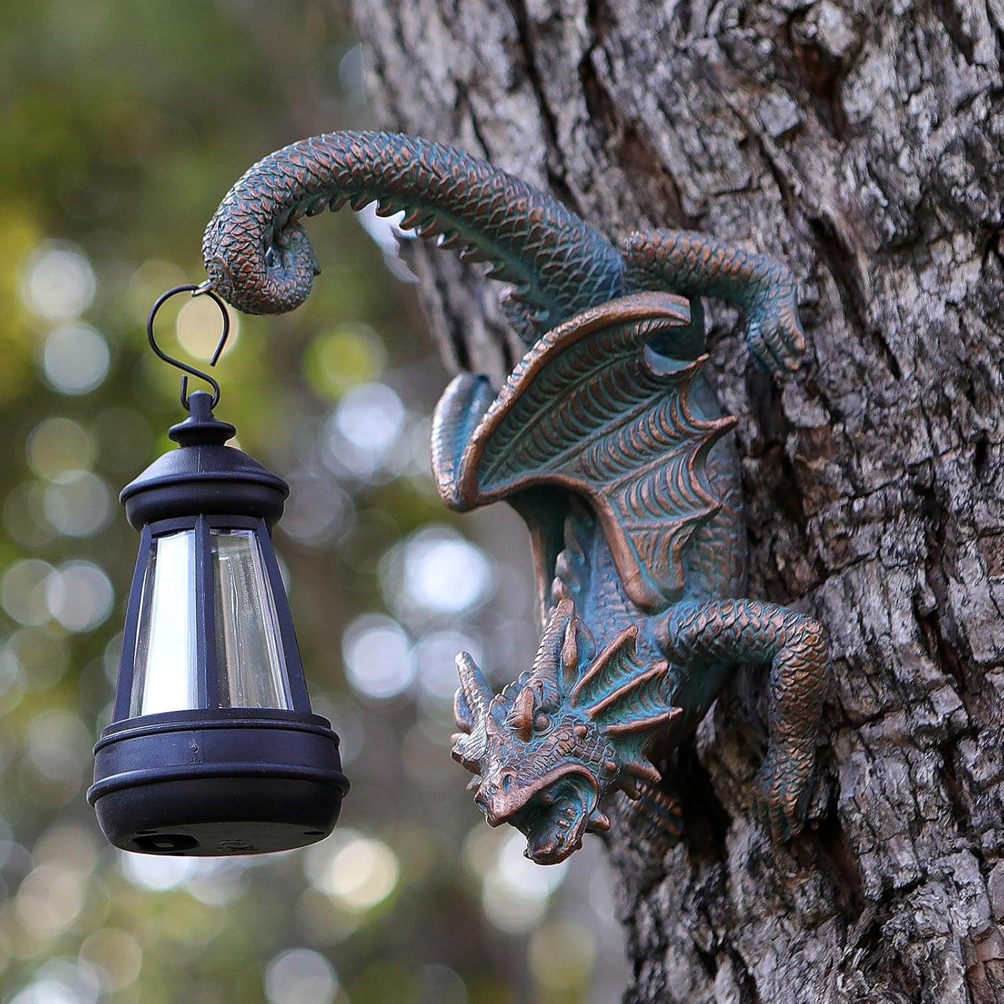 Solar Dragon Tree Hugger Statue Wall Decor - Gothic Garden Statue with Solar Lantern, Outdoor&Yard Decor, Fantasy Dragon Figurine for Trees, Walls, or Fences - Unique for Men & Women-VerdiqueGarden