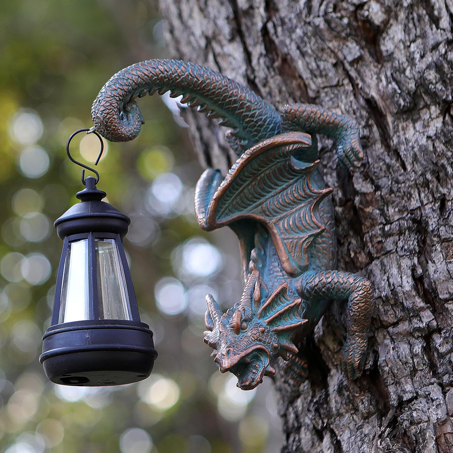Solar Dragon Tree Hugger Statue Wall Decor - Gothic Garden Statue with Solar Lantern, Outdoor&Yard Decor, Fantasy Dragon Figurine for Trees, Walls, or Fences - Unique for Men & Women-VerdiqueGarden
