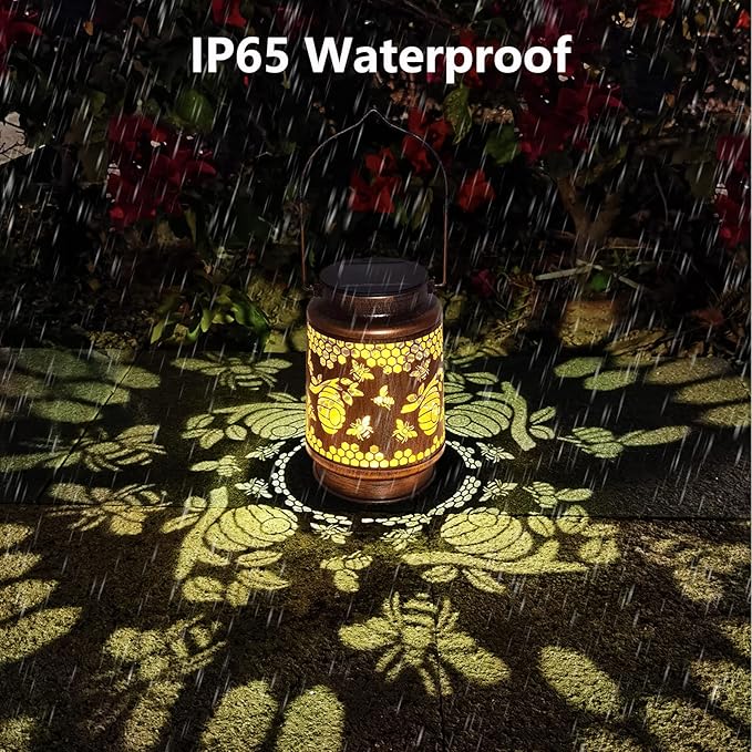 Solar Lanterns Outdoor Hanging Honeybee Decor Lantern,Waterproof Hollow Out Retro Metal Decorative Garden Light,Graceful Decoration for Patio,Yard,Landscape,Walkway,Festival-VerdiqueGarden