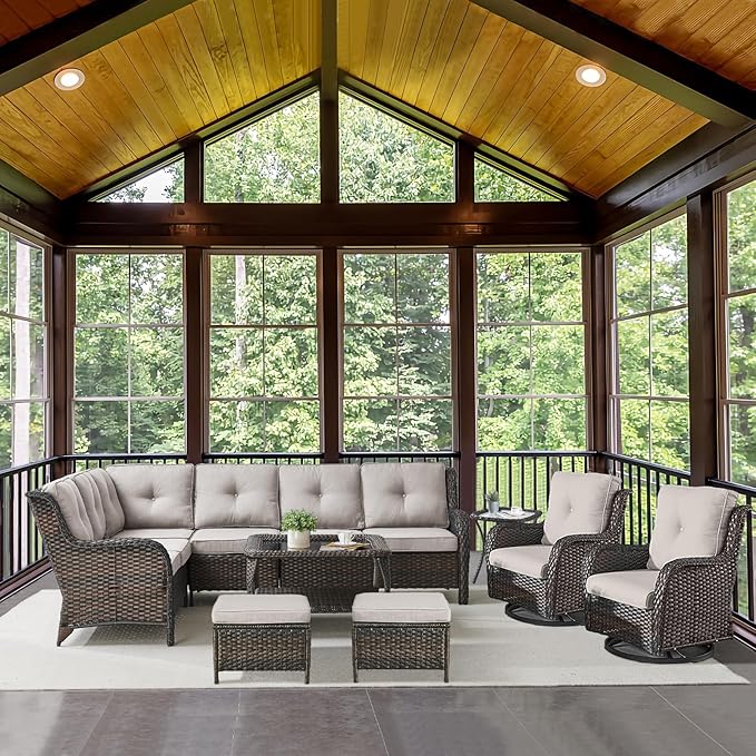 Outdoor Furniture Sectional Sofa L Shaped Couch - Patio Wicker Set with 2 Swivel Glider Chairs, 8 Piece Rattan Patio Conversation Sets with Beige Cushion for Deck Backyard Sunroom Beige Cushion-VerdiqueGarden