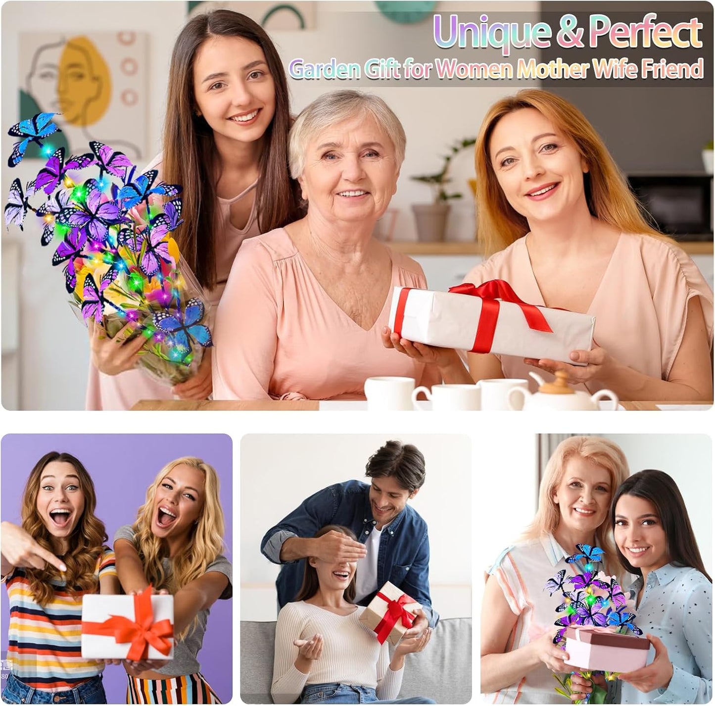 Solar Garden Lights Outdoor, Waterproof 4 Pack Solar Butterfly Lights with 60 LED 12 Butterfly Colorful Lighting for Garden Yard Lawn Outdoor Decor, Gift for Mom Women Mother's Day-VerdiqueGarden