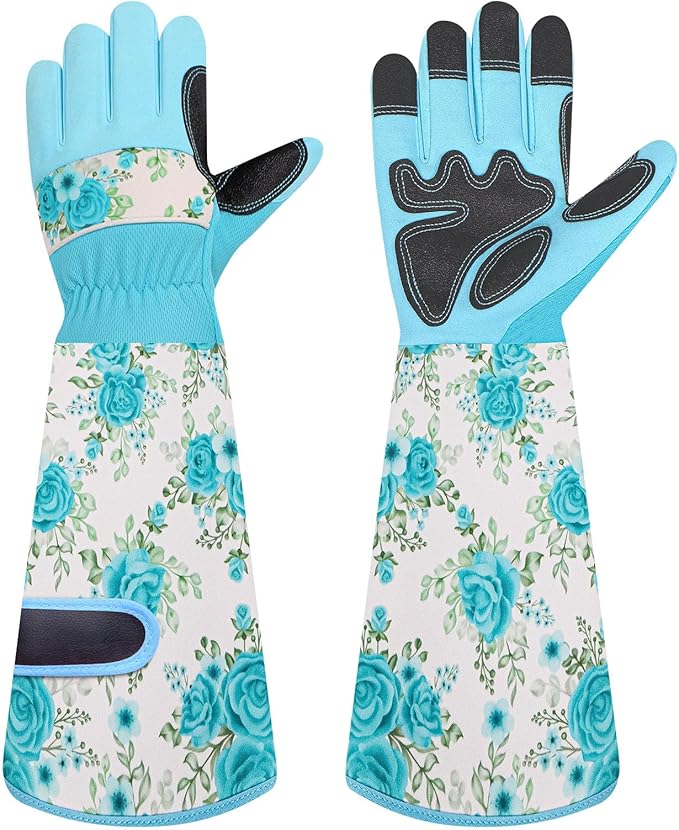 DLY Gardening Gloves for Women, Rose Gloves Gardening Thorn Proof, Long Garden Gloves for Women, Breathable & Durable Leather Gauntlet(Medium, Light Blue)-VerdiqueGarden