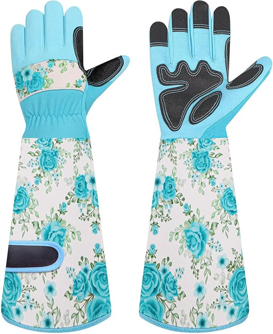 DLY Gardening Gloves for Women, Rose Gloves Gardening Thorn Proof, Long Garden Gloves for Women, Breathable & Durable Leather Gauntlet(Medium, Light Blue)-VerdiqueGarden