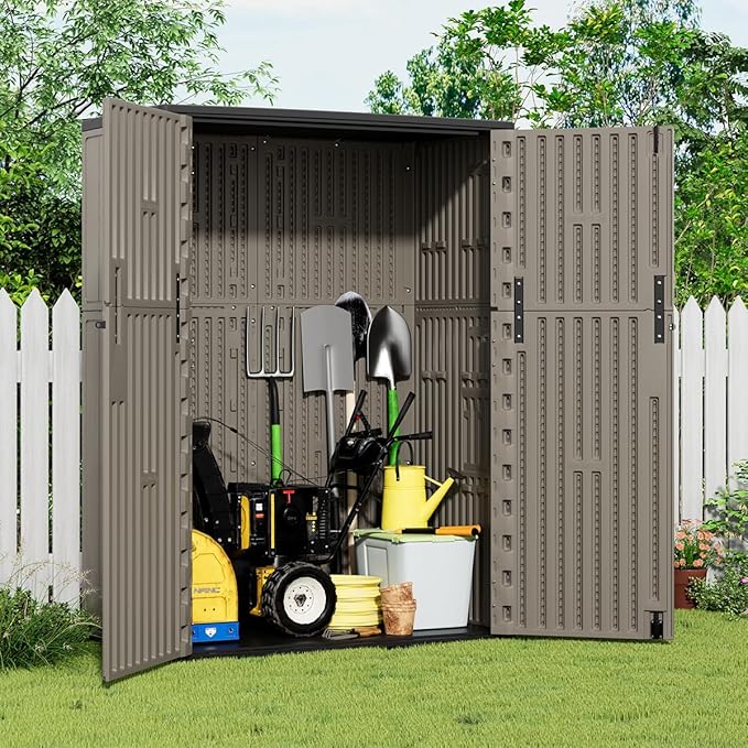 KINYING Outdoor Storage Shed,57 Cu.ft Vertical Outdoor Storage Cabinet Waterproof, Outdoor Resin Tool Shed for Patio Furniture, Garden Tools, Pool Accessories, Lawn Mower(Coffee Color)-VerdiqueGarden