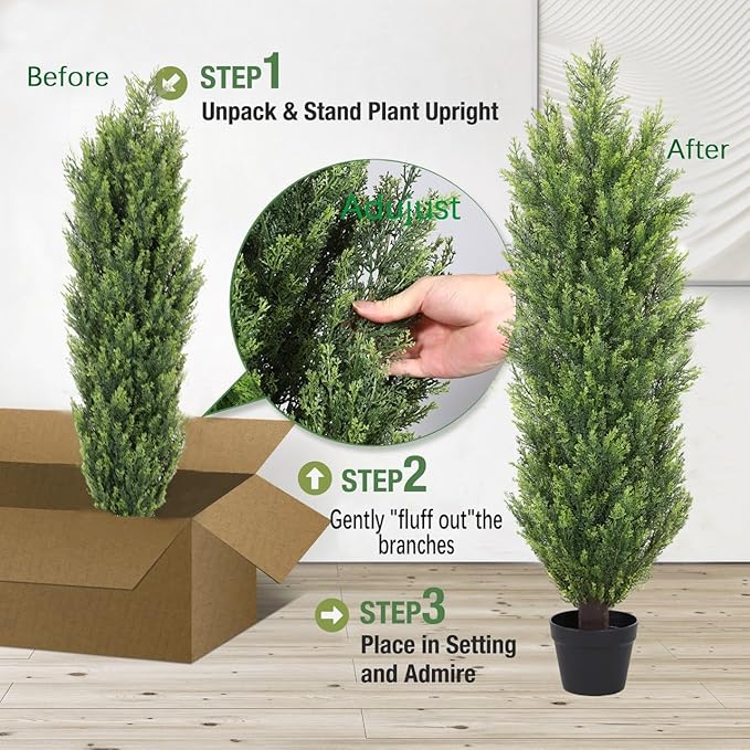 THE BLOOM TIMES 4ft Topiary Trees Artificial Outdoor 2 Pack – UV Resistant Faux Cedar Pine Cypress Bushes and Shrubs, Fake Potted Plants for Front Porch Outside Planter Patio Decor, Set of 2 (4 Foot)-VerdiqueGarden