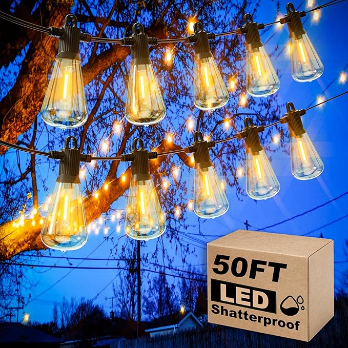 LED Outdoor String Lights, 50 FT Waterproof Patio Lights with 25+2 ST38 Vintage Edison Shatterproof Bulbs, Connectable Dimmable Hanging Lights for Backyard Bistro Cafe Garden Gazebo - Warm White-VerdiqueGarden
