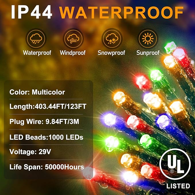 KNONEW 403FT 1000 LED Christmas Lights Outdoor String Lights 8 Modes & Timer Fairy Light Plug in Waterproof LED String Lights for Xmas Yard Tree Wedding Party Holiday Decorations (Multicolor)-VerdiqueGarden