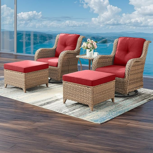 Outdoor Wicker Patio Furniture Set - 5 Pieces Rattan Patio Conversation Set with 2 Rocking Swivel Chairs,2 Ottomans and 1 Side Table for Porch Deck Backyard Garden(Yellow/Red)-VerdiqueGarden