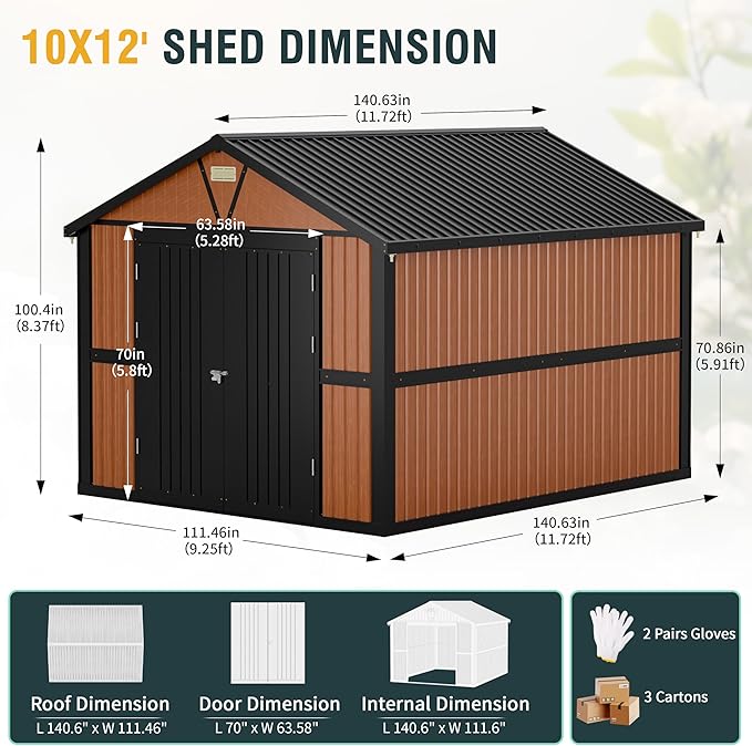 10x12 Ft Outdoor Storage Shed, Extra Large Metal Shed with Lockable Doors, 2 Windows, Outside Steel Tiny House Ideal for Garden, Backyard, Patio Utility, Tool Storage, Chicken Coops-VerdiqueGarden