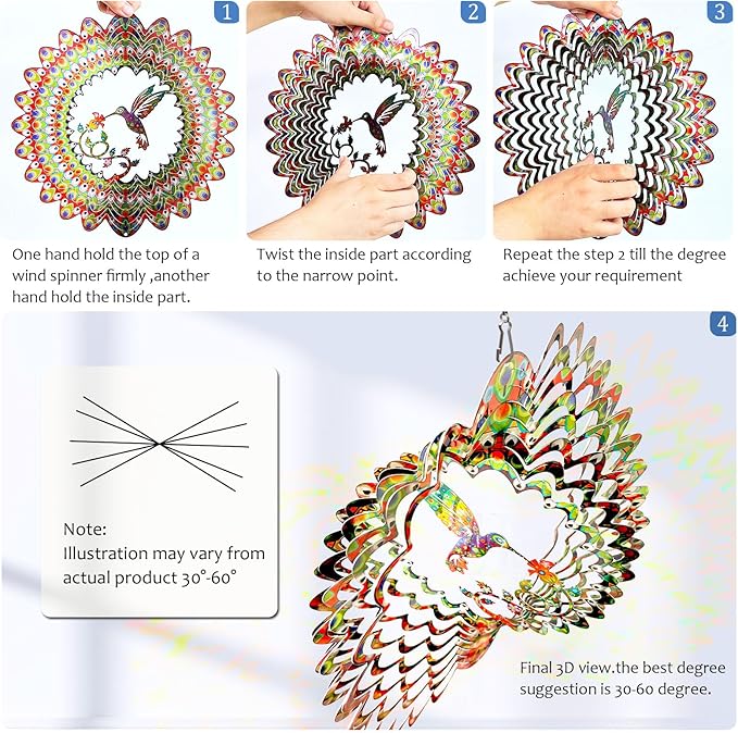 Hummingbird Wind Spinner for Yard and Garden,12in 3D Wind Spinner Hummingbird Gift for Women/Mother/Father/Men,Hanging Bird Wind Catchers Kinetic Yard Art Ornaments Outdoor Wind Sculptures-VerdiqueGarden
