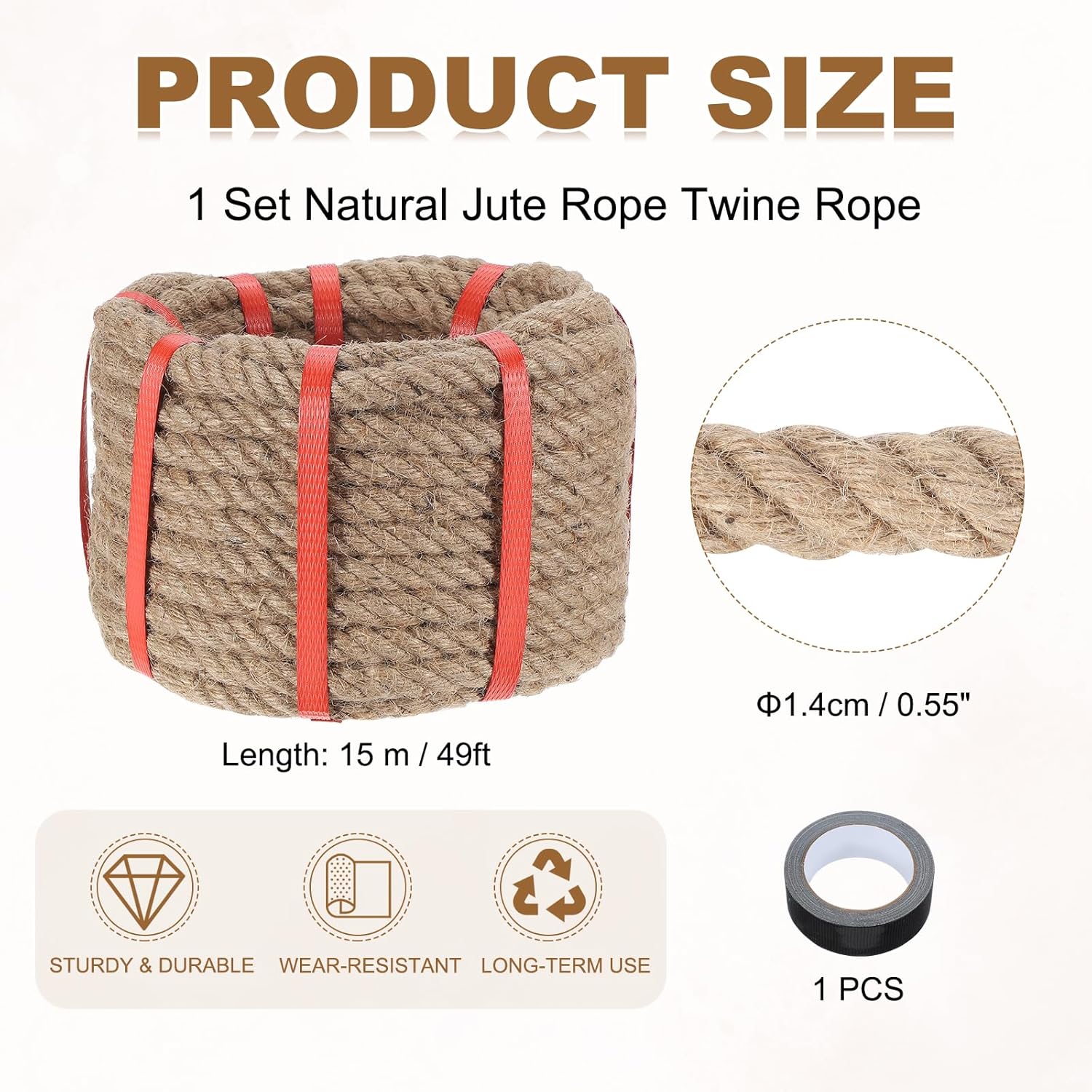 MECCANIXITY Jute Rope 0.55 Inch x 49ft, Thick Twine Rope Ropes Braided Jute Twine Natural Brown Burlap Cord String Heavy Twisted with Tape for Decorative Crafts Railing Swing Tug of War-VerdiqueGarden