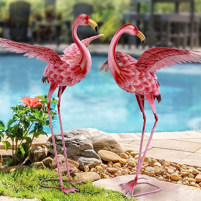 Natelf Pink Flamingo Yard Decorations, Tall Birds Garden Statues and Sculptures, Metal Lawn Art Ornaments for Outdoor Patio Backyard, Set of 2-VerdiqueGarden