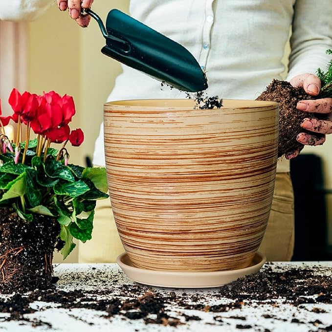 12 Inch Planter Pot Ceramic Plant Pots for Plants with Drainage Hole and Saucer Large Flower Pot for Home Patio Garden Office Yellow-VerdiqueGarden