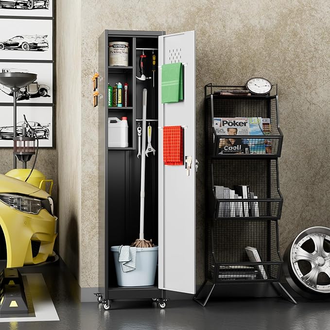 72''H Metal Broom Closet Storage Cabinet with Wheels & Pegboards, Mops Broom Closet Organizer with Locking Door & Hanging Rod,Cleaning Tool Garage Cabinet,Assembly Required,Black White-VerdiqueGarden