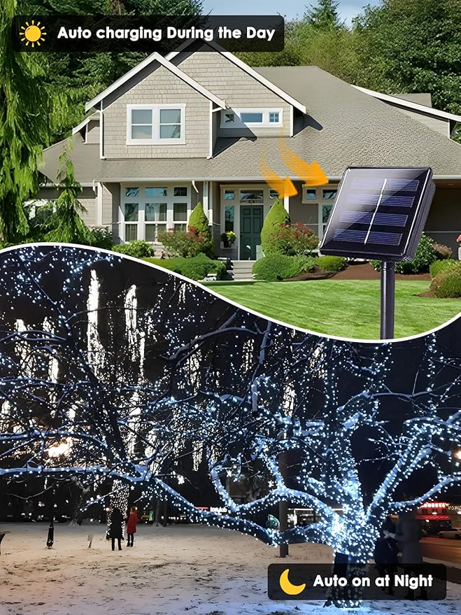 6 Pack 600 LED Solar String Lights for Outside, Solar Christmas Lights Outdoor Waterproof, Green Wire Twinkle Light with 8 Lighting Modes for Xmas Tree Wedding Party Garden Decorations (Cool White)-VerdiqueGarden