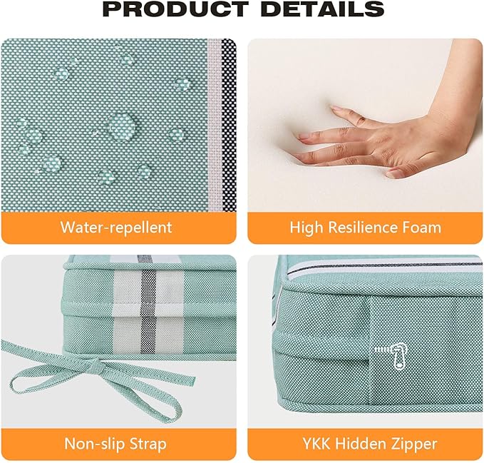 Square Corner Seat Cushions, 19" x 19" x 3", Set of 4, Indoor Outdoor Water Repellent Universal Chair Pads with Ties for Patio Furniture, Garden Deck Dining Chairs, Aqua Stripe-VerdiqueGarden
