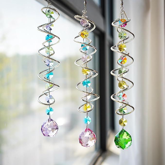 H&D HYALINE & DORA Set of 3 Crystal Sun Catcher for Window Hanging Double-Spiral Gazing Ball Spiral Tail Rainbow Maker Wind Spinners Outdoor for Garden, Patio, Porch, Christmas-VerdiqueGarden