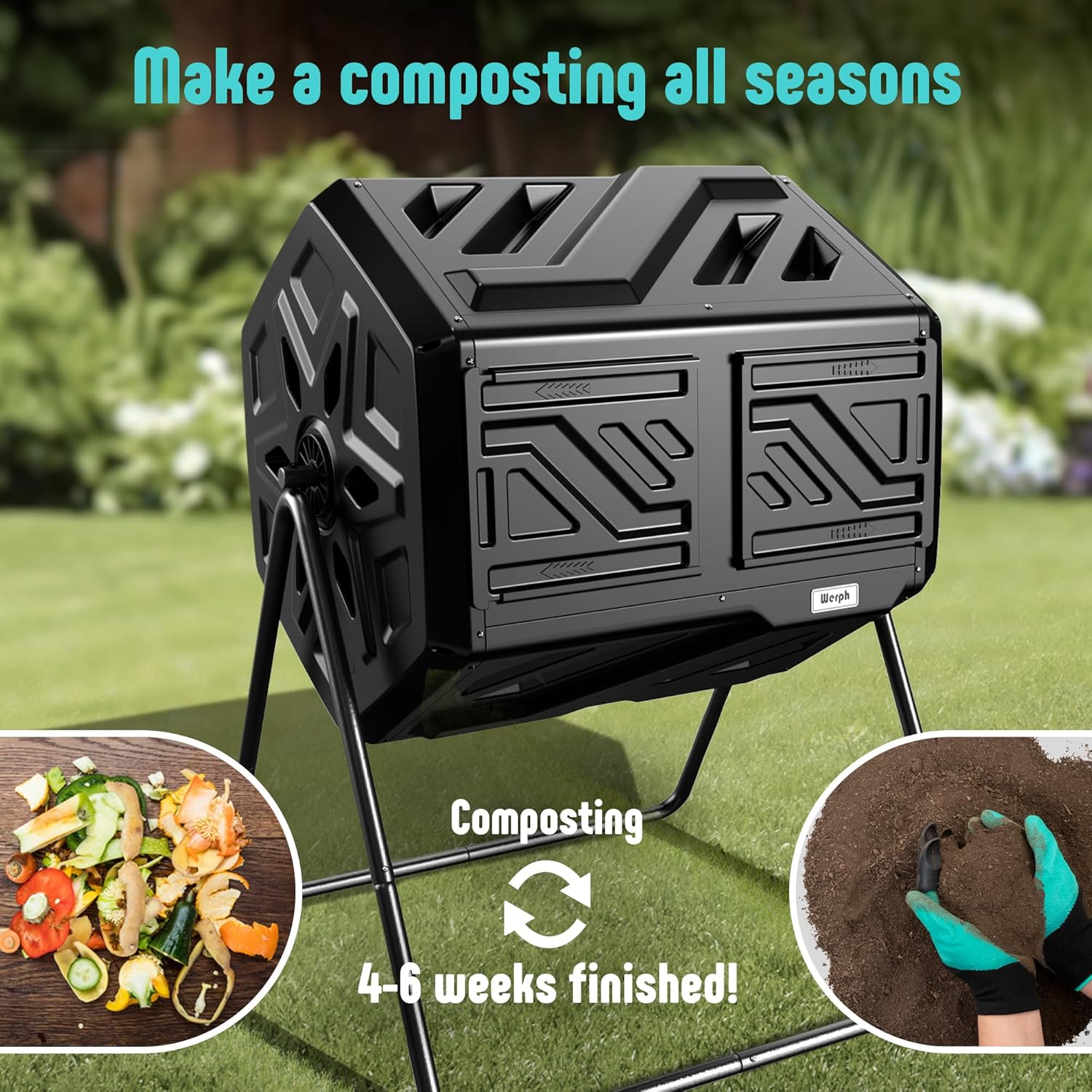 Compost Bin Outdoor Composter, Fast Assembly 43 Gallon Dual Chamber Outdoor Compost Tumbler, Heavy Duty Tumbling Rotating Composter for Patio, Garden,Yard, Black, Easy Setup, Gloves Included-VerdiqueGarden