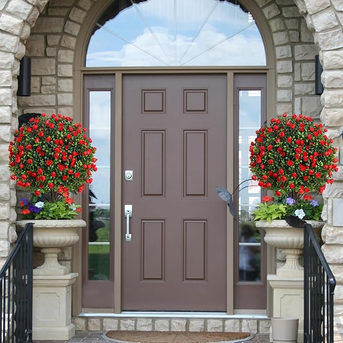 Artificial Rose Topiary Trees, 17 Inch UV-Resistant Red Flowers, Set of 2 with Ground Stakes, Indoor Outdoor Decorative Plants-VerdiqueGarden