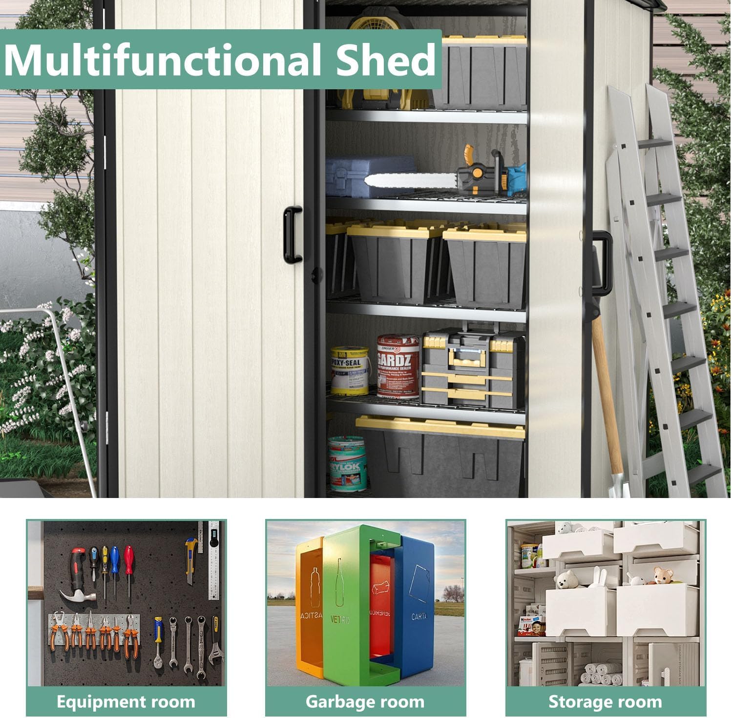 Aoxun Outdoor Storage Shed 5 x 3FT, Resin Shed with Floor and Lockable Door, Plastic Shed for Bike, Garbage Can, Tool, Accessories, Lawn, Garden - Beige-VerdiqueGarden