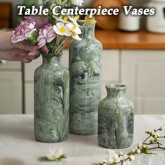 Resin 3 Piece Vase Set, Farmhouse Decor, Home Decorative Vase, Vases for Your Kitchen, Bedroom, Office, Living Room, Bathroom, & Shelf Centerpiece Table Decorations, Green-VerdiqueGarden
