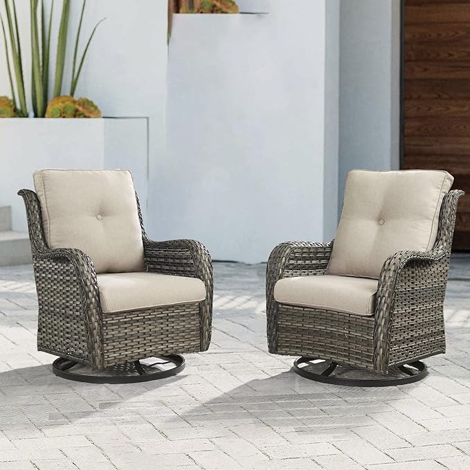 Outdoor Patio Swivel Rocker Chairs - Wicker Rattan Patio Swivel Rocking Chairs Set of 2 with High Back,Deep Seating and Comfort Cushions for Deck Porch Garden,Mixed Grey/Beige-VerdiqueGarden