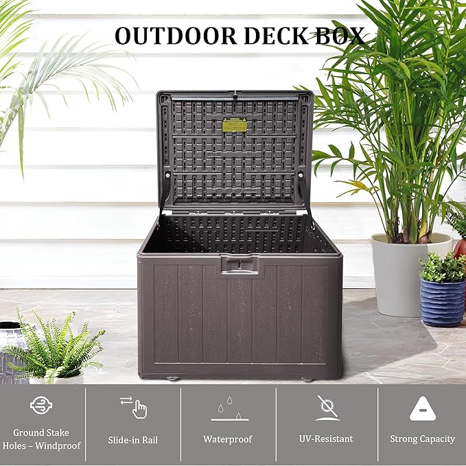 33 Gallon Pro Outdoor Storage Box Waterproof Lockable Resin Deck Box Large, Patio Storage Bin for Pool Accessories Cushion Furniture, Garden Tools, UV-Resistant Outside Delivery Brown-VerdiqueGarden