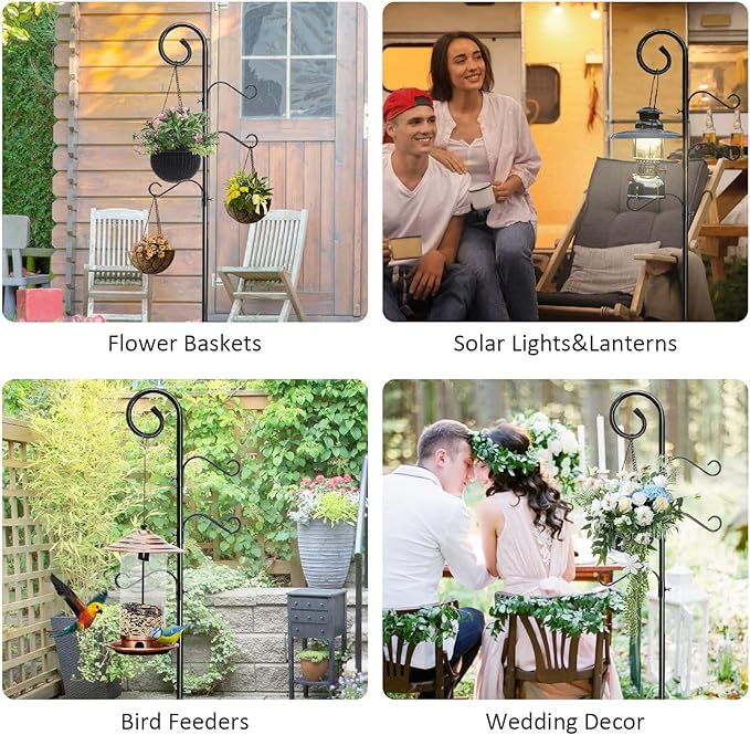 108 Inch Shepherds Hooks for Outdoor 2 Pack, Bird Feeder Poles with 4 Hooks, Shepherds Hook for Bird Feeders Outside with Base, Garden Pole for Hanging Plant Baskets, Weddings Decor (108 Inch)-VerdiqueGarden