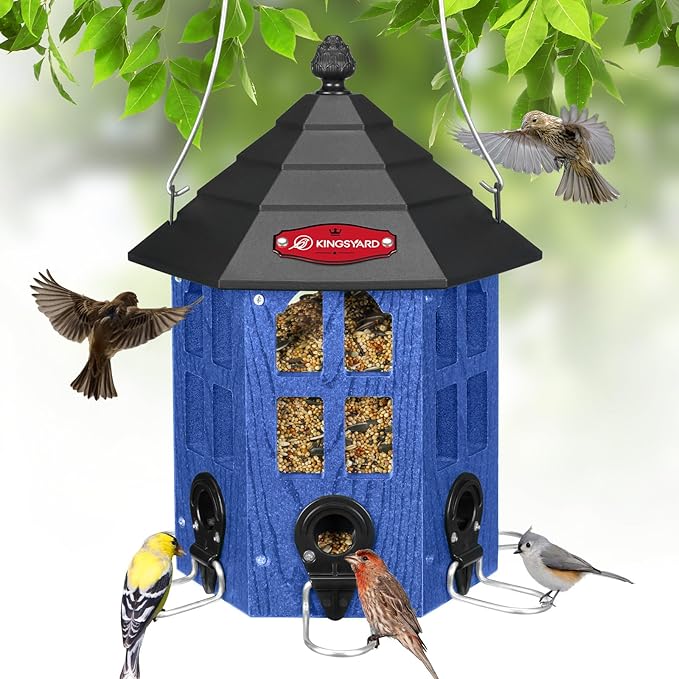 Kingsyard Wild Bird Feeder for Outdoor Hanging, Recycled Plastic Bird Feeders with 6 Ports & U-Shape Perch, Garden Yard Outside Decoration, 3.5 lbs Seed Capacity, Blue-VerdiqueGarden
