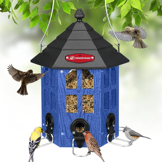 Kingsyard Wild Bird Feeder for Outdoor Hanging, Recycled Plastic Bird Feeders with 6 Ports & U-Shape Perch, Garden Yard Outside Decoration, 3.5 lbs Seed Capacity, Blue-VerdiqueGarden