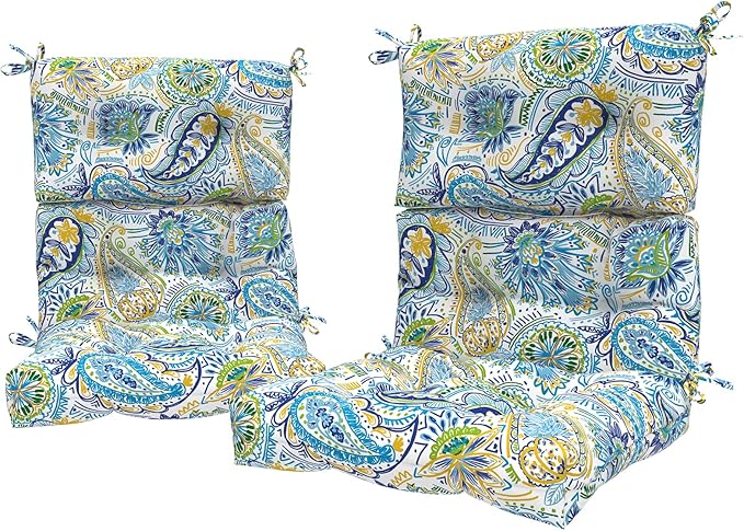 LVTXIII 2 Pack Outdoor/Indoor High Back Chair Cushions, Deep Seat Patio Seat and Back Cushion Set, Stuffed High Rebound Foam Rocking Chair Cushions, 44”x22”x4”, Paisley Blue-VerdiqueGarden