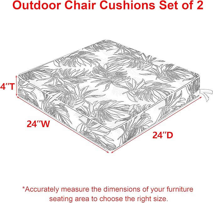 Favoyard Outdoor Chair Cushion 24 x 24 x 4 In Waterproof Pattern Fade Resistant Cushions for Patio Furniture with Removable Cover Attach Straps 28D Foam Insert Cushions Pads for Seat Sofa Couch 2 Pack-VerdiqueGarden