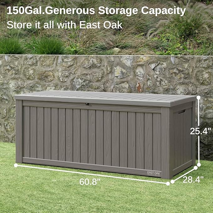 EAST OAK Outdoor Storage Box, 150 Gallon Deck Box, Large Resin Storage Bin for Patio Cushions, Gardening Tools, Lockable, Waterproof and UV Resistant, Grey-VerdiqueGarden