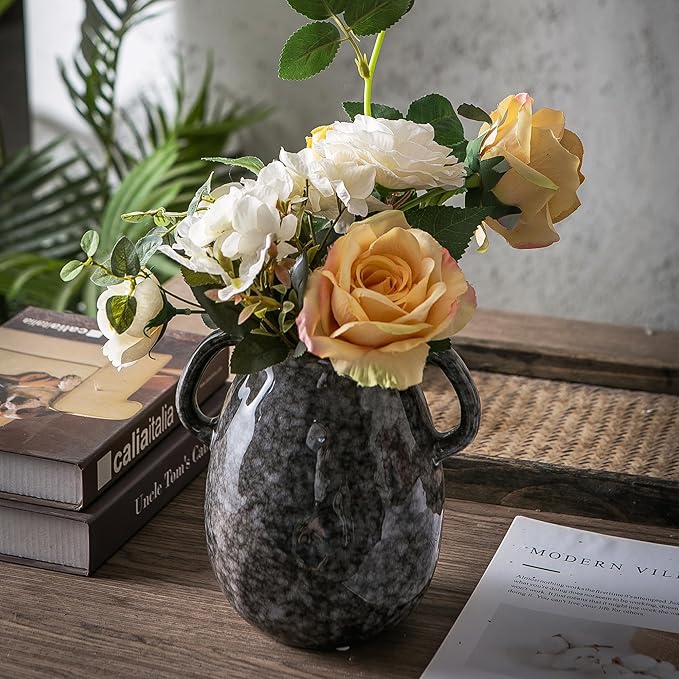 Ceramic Modern Farmhouse Vase with 2 Handles, Black Ceramic Vases for Home Decor, Rustic Pottery Vase, Decorative Terracotta Flower Vase, Boho Clay Vase for Table Living Room Shelf Mantel Decor-VerdiqueGarden