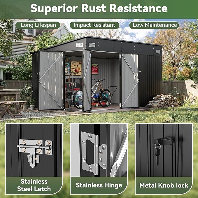 Aoxun 12' x 7.3' Shed 441 CU.FT Outdoor Waterproof Storage Shed with Triple Lockable Door Garden Metal Tool Shed for Outside (Black)-VerdiqueGarden