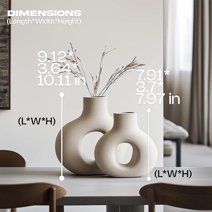 NOBULA White Ceramic Donut Vases – Modern Home Decor for Living Room, Bedroom & Table Centerpiece - Minimalist Nordic – Unique Vases for Olive Plant & Flowers – Decorative Coffee Table Vase Set of 2-VerdiqueGarden