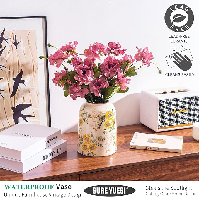 Sunflower Green and Beige Vase, Yellow Ceramic Vintage Vase Cottage Core Home Decor, Cute Floral Centerpiece Vases for Living Room, Bedroom, Kitchen, Table Grand Millennial Decors, Tuscan Decor 7.8In-VerdiqueGarden